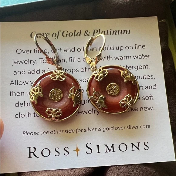 #0956*Ross-Simons/Gold Plated/Red Jade Earrings.Good Fortune Butterfly & Dragon - Picture 3 of 10